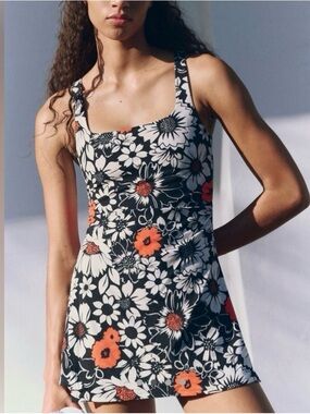 Free People Black Floral Cutout Tank Dress with White and Orange Flowers